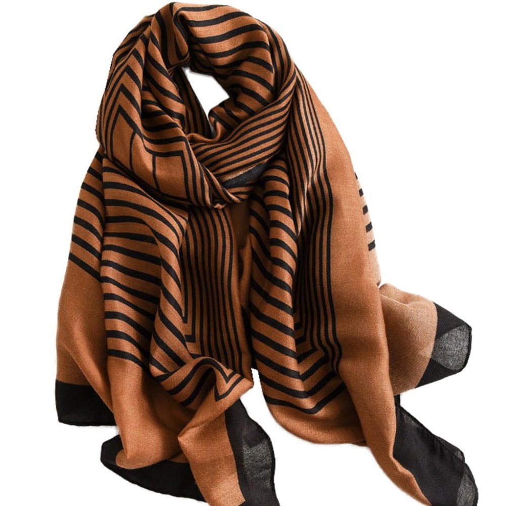 Classic Elegant Brown & Black Striped Soft Long Wrap Scarf